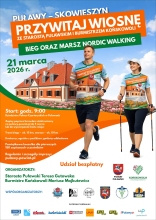 Zdjęcie prezentuje plakat zapraszający na bieg i marsz nordic walking Puławy - Skowieszyn "Przywitaj wiosnę ze Starostą Puławskim i Burmistrzem Końskowoli", który odbędzie się 21 marca 2026 r.  