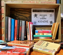 Zdjęcie przedstawia szafkę, na której ułożone są książki przeznaczone do akcji bookcrossing. 