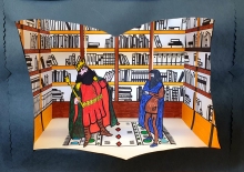 Zdjęcie przedstawia scenografię do przedstawienie teatrzyku kukiełkowego pt. „Bohaterowie kazimierskich legend nocą w bibliotece”.