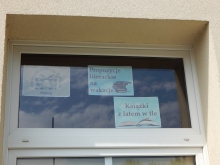 Zdjęcie prezentuje wystawę na oknach Powiatowej Biblioteki Publicznej w Puławach pt. „Książki z latem w tle”.