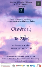 Zdjęcie prezentuje plakat promujący spotkanie biblioterapeutyczne w ramach cyklu „Biblioteka dla CZŁOWIEKA”, które odbędzie się 20 września 2024 r. o godz. 10.00 w Gminnej Bibliotece Publicznej w Górze Puławskiej (ul. Ogrodowa 18, 24-100 Góra Puławska - budynek Szkoły Podstawowej). 