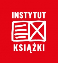 Czerwony kwadrat z białymi literami tworzącymi napis Instytut Książki, na środku grafika otwartej książki. 
