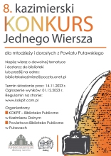 Zdjęcie prezentuje plakat promujący konkurs literacki pt. "Kazimierski Konkurs Jednego Wiersza".