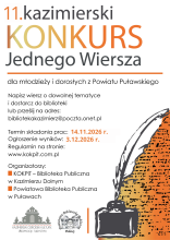 Zdjęcie prezentuje plakat promujący konkurs literacki pt. "Kazimierski Konkurs Jednego Wiersza". Na plakacie wszystkie informacje, loga kazimierskiej i puławskiej biblioteki oraz grafika kałamarza z piórem. 