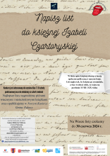 Zdjęcie przedstawia plakat zapraszający na konkurs Napisz list do księżnej Izabeli Czartoryskiej, ogłoszony przez Gminna Biblioteka Publiczna w Górze Puławskiej. 