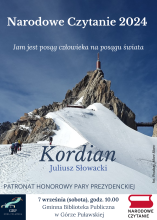 Zdjęcie prezentuje plakat zapraszający na Narodowe Czytanie organizowane 7 września 2024 r. o godz. 10.00 przez Gminną Bibliotekę Publiczną w Puławach z/s w Górze Puławskiej.
