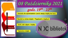 Plakat promujący noc bibliotek, która odbędzie się w Gminnej Bibliotece Publicznej w Wąwolnicy. Na plakacie logo biblioteki, data i program wydarzenia.