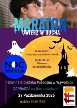  Zdjęcie prezentuje plakat zapraszający na Noc Bibliotek, która odbędzie się 29 października 2026 roku w wąwolnickiej bibliotece. Na plakacie wszystkie informacje plus na górze fotografia całującej się pary, grafiki duszków i upiornego zamczyska oraz logo wąwolnickiej biblioteki i akcji Noc Bibliotek.  