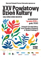 Zdjęcie prezentuje plakat zapraszający na jubileuszowy XXV Powiatowy Dzień Kultury, który odbędzie się w poniedziałek, 1 grudnia 2025 r. o godz. 17:00 w Puławskim Ośrodku Kultury „Dom Chemika”.
