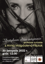 Zdjęcie prezentuje plakat zapraszający na spotkanie autorskie z Anną Magdaleną Filipiak w ramach Powiatowego Klubku Książki.