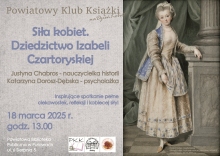 Zdjęcie pokazuje plakat zapraszający na spotkanie Powiatowego Klubu Książki, które odbędzie się 18 marca 2025 r. o godz. 13.00 w Powiatowej Biblioteki Publicznej w Puławach (ul. 6 Sierpnia 5).