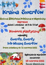 Zdjęcie prezentuje plakat promujący konkurs plastyczny „Kraina Smerfów” orgaznizowany przez Gminną Bibliotekę Publiczną w Wąwolnicy. 