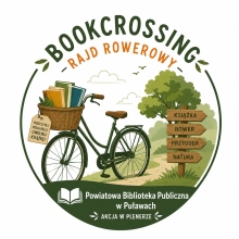  Zdjęcie prezentuje grafikę zapraszającą na „Literacką przerwę w trasie” , czyli do udziału w akcji bookcrossing organizowanej przez Powiatową Bibliotekę Publiczną podczas Rodzinnego Rajdu Rowerowego: Puławy - Leśniczówka Azotrop, który odbędzie się 7 czerwca 2026 r. o godz. 9:00. Start spod Starostwa Powiatowego w Puławach (al. Królewska 19). Na grafice rower z koszykiem, w którym są ułożone książki. 