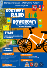 Zdjęcie prezentuje plakat promujący Rodzinny rajd rowerowy Puławy – Bonów – Puławy „Kręcimy dla Puław”. 