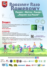 Zdjęcie prezentuje plakat zapraszający na Rodzinny Rajd Rowerowy Puławy - Matygi - Puławy "Kręcimy dla Puław", który odbędzie się 9 czerwca 2024 r.