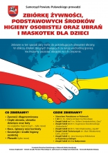 Zdjęcie prezentuje plakat zachęcający do dołączenia do zbiórki darów dla uchodźców z Ukrainy.