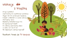 Zdjęcie to plakat informujący o konkursie "Wakacje z książką". oprócz informacji dotyczących szczegółów konkursu na plakacie zobaczyć można rysunek dzieci czytających książki i siedzących na łące w lesie.   
