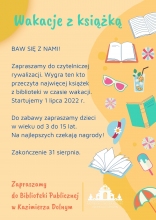 Zdjęcie prezentuje plakat zachęcający do wzięcia udziału w wakacyjnej zabawie czytelniczej pt. WAKACJE Z KSIĄŻKĄ organizowanej przez Bibliotekę Publiczną w Kazimierzu Dolnym.