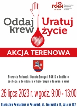 Zdjęcie przedstawia plakat promujący terenową zbiórkę krwi w Starostwie Powiatowym w Puławach.