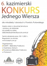 Plakat promujący konkurs literacki pt. "Kazimierski Konkurs Jednego Wiersza" 