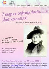 Plakat promujący konkurs plastyczny "Z wizytą w bajkowym świecie Marii Konopnickiej" organizowany przez Powiatową Bibliotekę Publiczną.