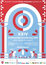 Zdjęcie przedstawia plakat zapraszający na XXIV Powiatowy Dzień Kultury, który odbędzie się 7 listopada 2024 r. o godz. 17:00 w sali widowiskowej Puławskiego Ośrodka Kultury „Dom Chemika” w Puławach.  