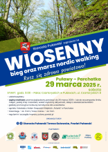 Zdjęcie prezentuje plakat zapraszający do wzięcia udziału w wiosennym biegu oraz marszu nordic walking Puławy - Parchatka „Rusz się zdrowo powiatowo!”, który odbędzie się w sobotę 29 marca 2025 roku. 