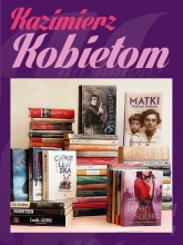 Plakat promujący Dzień Kobiet w kazimierskiej bibliotece. Fioletowy prostokąt prezentujący okładki książek.  